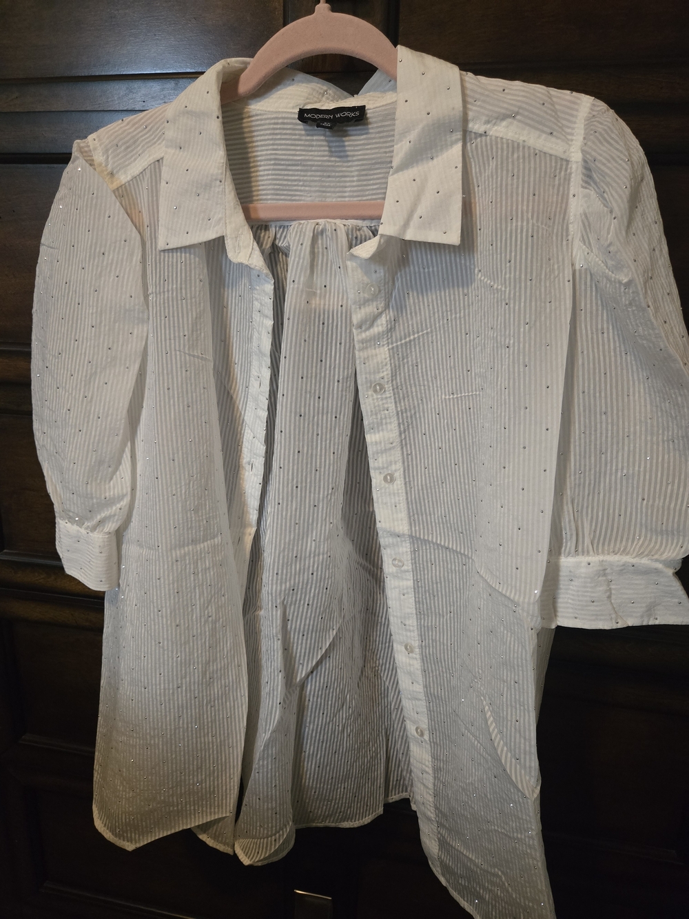 Modern Works Sheer White Button-Up Blouse with Metallic Dot Detail